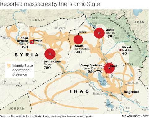 L'Etat Islamique opère des deux côtés de la frontière irako-syrienne ( crédit carte : Washington Post )